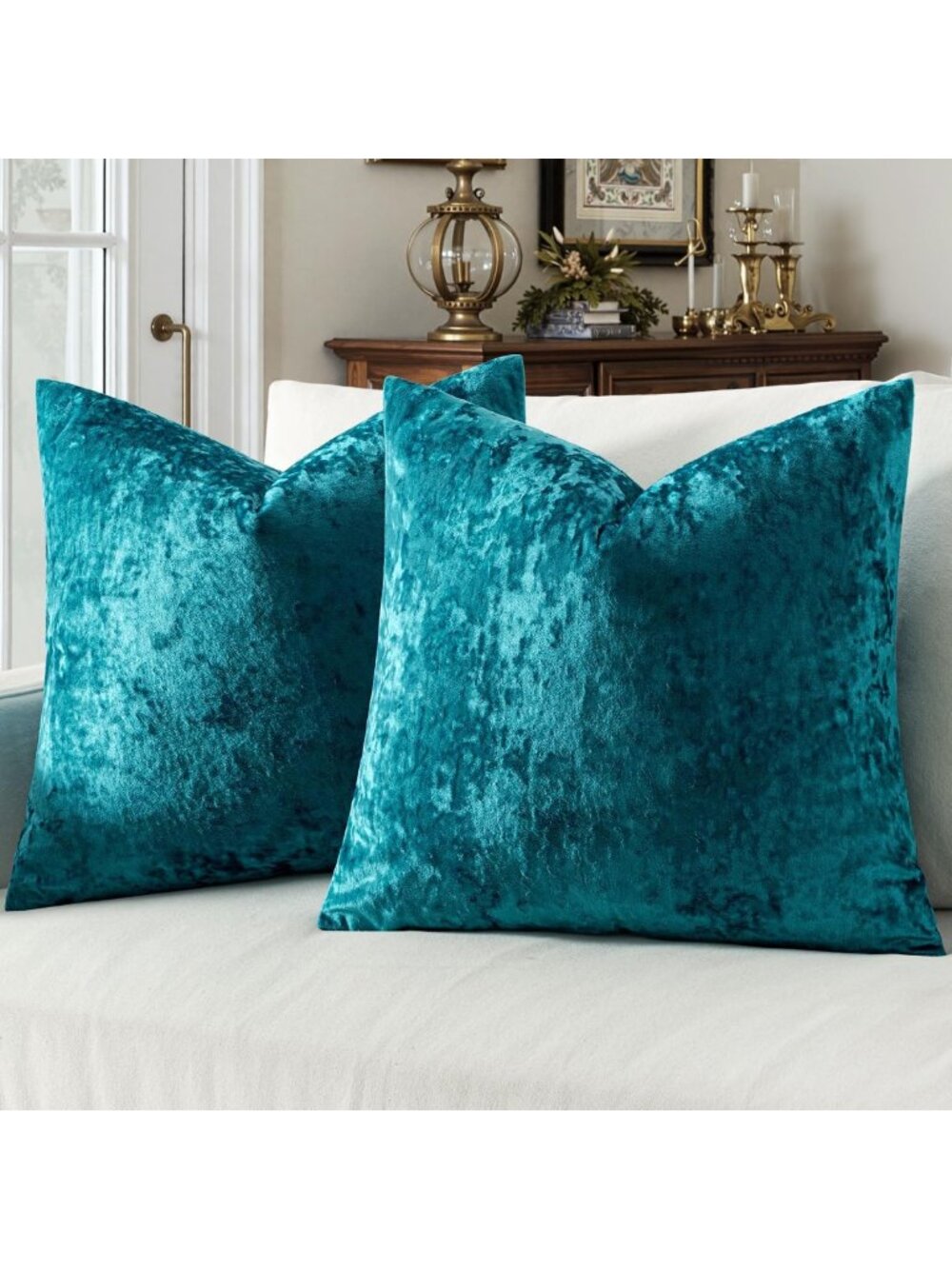 Soft Velvet Throw Pillow Covers Set of 2, Teal Blue 20x20 Inch Decorative